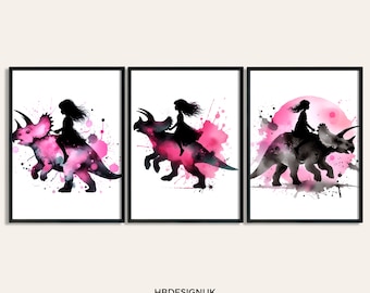 Kids Dinosaur Wall Art Prints - Set of 3 Watercolour Wall Posters | Triceratops Paintings | Girls Room Gifts | Artwork Decor | Dinosaur Art