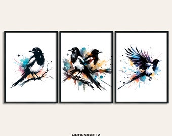 Elster Print Set - 3 Elstern Poster | Aquarell Vogel Drucke | Wandkunst | Schlafzimmer Dekor | UK Vögel Malerei | Wohnzimmer Bild mit Vogel