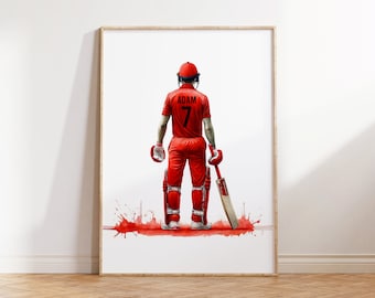 Stampa di cricket rosso - Regali personalizzati per giocatori di cricket per ragazzi / Stampe di poster personalizzati / Regalo per ragazzo / Camera per bambini / Arte da parete del giocatore / Regalo di opere d'arte