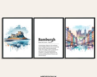 Zestaw wydruków Bamburgh – zestaw 3 plakatów akwarelowych | Wydruki zamku Bamburgh | Plakat Northumberland | Sztuka ścienna | Dekoracje z północno-wschodnich Stanów Zjednoczonych