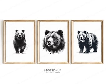 Bear Wall Art Set - Watercolour Posters | Wildlife Painting | Grizzly Bear Prints | Animal Home Decor | Black and White Poster Artwork