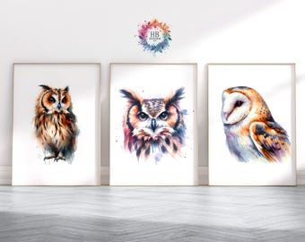 Watercolour Owl Prints - Owls Wall Art | Bird Pictures | Animal Print | Watercolor Artwork Decor | Owl Picture | Abstract Modern Prints