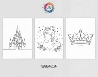 Minimalistiska prinsesstryck - Set med 3 posters | Prinsesstryck för barn | Väggkonst för flickor i sovrummet | Barnrumsinredning | Linjekonst | Gåvor för flickor