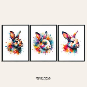 Colourful Rabbit Poster Print Set - 3 Watercolour Prints | Rabbits Wall Art | Artwork Decor | Vibrant Animal Wall Art | Pet Gifts | Gift