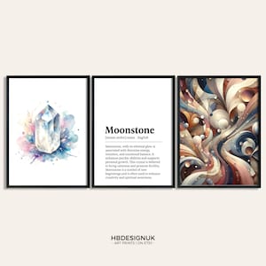 Moonstone Crystal Print  - Set of 3 Posters | Watercolour Gemstone Print | Mineralogy Meaning Paintings | Gifts | Design Decor | Wall Art