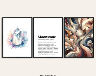 Conjunto de 3 pôsteres com estampa de cristal de pedra da lua | Impressão em aquarela de pedra preciosa | Pinturas com significado da mineralogia | Presentes | Decoração | Arte de parede