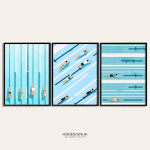 Swimming Lane Print Set - 3 Posters | Gift for Swimmer | Swim Art | Pool Wall Artwork | Minimalist Blue Prints | Blue Swimming Gifts