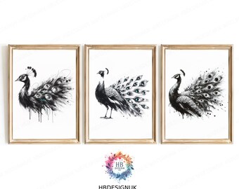 Black & White Peacock Print Set - Set of 3 Posters | Watercolor Painting | Bird Artwork | Peacock Portrait Wall Art | Modern Style | Gift