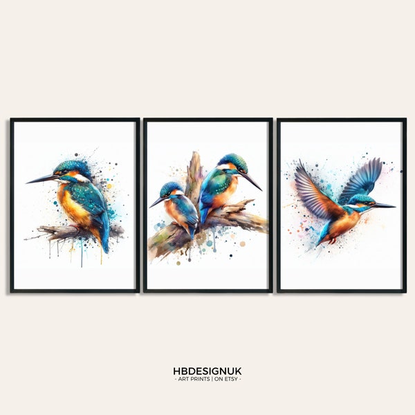 IJsvogelposterset - Set van 3 afdrukken | Aquarel ijsvogels schilderij | Huidige afbeelding | Dierenmuurkunst | Geschenken voor wilde dieren | Verjaardag