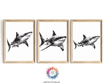 Black and White Shark Print Set of 3 | Minimalist Ocean Animal Wall Art | Watercolour Decor | Unframed Gift for Shark Lovers