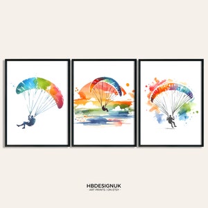 Paragliding Poster Print Set - 3 Prints | Wall Art Gifts | Gliding Gift | Definition Gift | Paraglider Decor | Room Watercolour Artwork