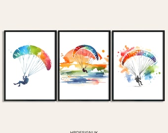 Set de 3 impresiones de pósteres de parapente. Regalos de arte mural, regalos de parapente, regalos de definición, decoración de parapente, acuarela para habitación.