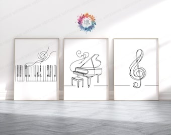 Minimalist Piano Prints - Set of 3 Wall Art | Line Drawing Posters | Piano Music Room Decor | Sketch Drawing Design | Piano Key Print