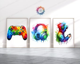 Gaming Controller Poster Prints - Set of 3 Gamer Prints | Teen Bedroom Decor | Video Game | Gaming Room Decor | Watercolour Wall Art Print