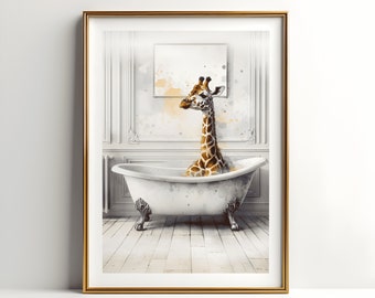 Giraffe Bathroom Print - Animal Bathtub Poster | Bath Room Wall Art | Vintage Bath | Watercolour Bathroom Print | Kids Animals Artwork