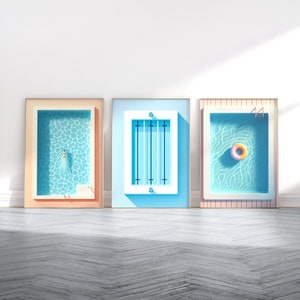 Swimming Pool Print Set - 3 Posters | Gift for Swimmer | Swim Art | Summer Wall Artwork | Minimalist Blue Prints | Blue Swimming Gifts