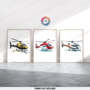 Kids Helicopter Prints - Set of 3 Posters | Boys Bedroom Decor | Aircraft Wall Art | Watercolor Style | Kid Nursery Poster | Aviation Gifts