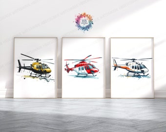 Kids Helicopter Prints - Set of 3 Posters | Boys Bedroom Decor | Aircraft Wall Art | Watercolor Style | Kid Nursery Poster | Aviation Gifts