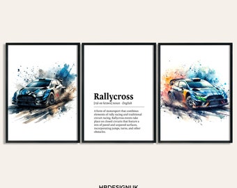 Rally Poster Print - Set of 3 Pictures | Rallycross Print Set | Watercolour Posters | Car Lover Gifts | Definition Prints | Wall Art Decor