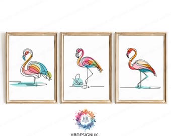 Flamingo Line Art Decor Set - 3 Minimalist Designs | Flamingos Wall Art Print | Beach House Prints | Colourful Modern Artwork Posters