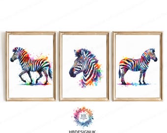 Estampados de cebra en acuarela - Juego de 3 pósteres / Decoración de pared de cebra / Obra de arte para sala de estar / Estilo de impresión moderno / Pintura abstracta de cebra