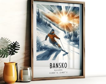 Bansko Ski Poster - Watercolour Art Print  | Travel Wall Artwork | Skiing Gifts | Bulgaria Alps Decor | Ski Resort | Skier Gift | Snowboard