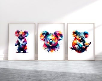 コアラプリントセット - 水彩画ポスターデザイン3種 | カラフルな絵画 | コアラの肖像画ウォールアート | アート作品ギフト | 野生動物インテリア