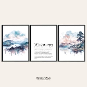 Windermere Poster Set - 3-fach Drucke | Aquarell See Druck | Wandbehang Dekor | Wandkunst | Seenplatte Geschenke | Aquarell Zeichnung