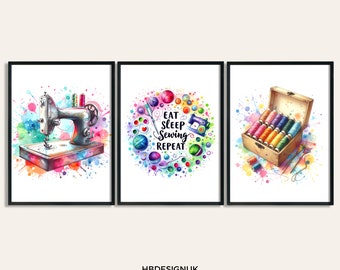 Sewing Art Print - Set of 3 Posters | Watercolour Print | Sewing Picture | Posters | Craft Room Decor | Gift Sew Lover | Birthday Gifts
