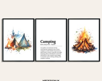 Camping Poster Set - Set of 3 Prints | Watercolor Painting | Watercolour Picture | Camping Wall Art | Camper Gifts | Decor for Outdoors Fan