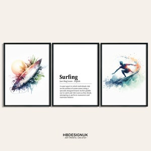 Set met surfposters: set van 3 prints | Surfcadeaus | Aquarelafdrukken | Cadeau voor surfer | Strandkunst aan de muur | Definitie print decor | Oceaan