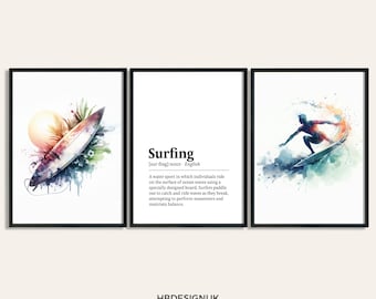 Surfing Posters Set - Set of 3 Prints | Surf Gifts | Watercolor Prints | Gift for Surfer | Beach Wall Art | Definition Print Decor | Ocean