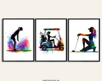 Girl Golf Poster Print - Set of 3 Golfing Prints | Watercolour Girl Golfer Wall Art | Print for Golf Lover | Womens Decor Room Artwork