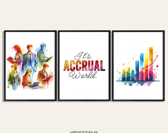 Könnte beinhalten: Drei Aquarelldrucke mit einem Business-Thema. Der erste Druck zeigt eine Gruppe von Personen in einer Aquarell-Silhouette. Der zweite Druck zeigt den Text "It's Accrual World." Der dritte Druck zeigt ein Balkendiagramm mit einem aufsteigenden Pfeil.