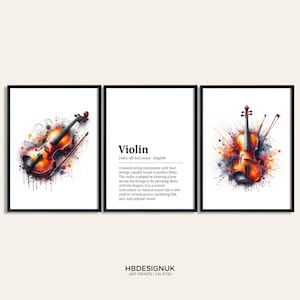 Violin Watercolour Art Print - Set of 3 Music Artwork |  Music Watercolor Poster | Wall Art Musician | Instrument Picture Decor Room Gift