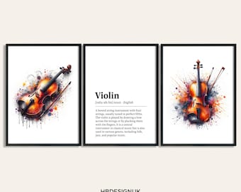 Violin Watercolour Art Print - Set of 3 Music Artwork |  Music Watercolor Poster | Wall Art Musician | Instrument Picture Decor Room Gift