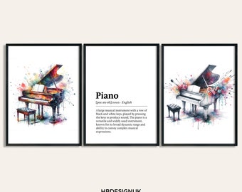 Piano Watercolour Art Print - Set of 3 Music Artwork | Watercolor Piano Poster | Wall Art for Musician | Piano Picture Decor Room Gift