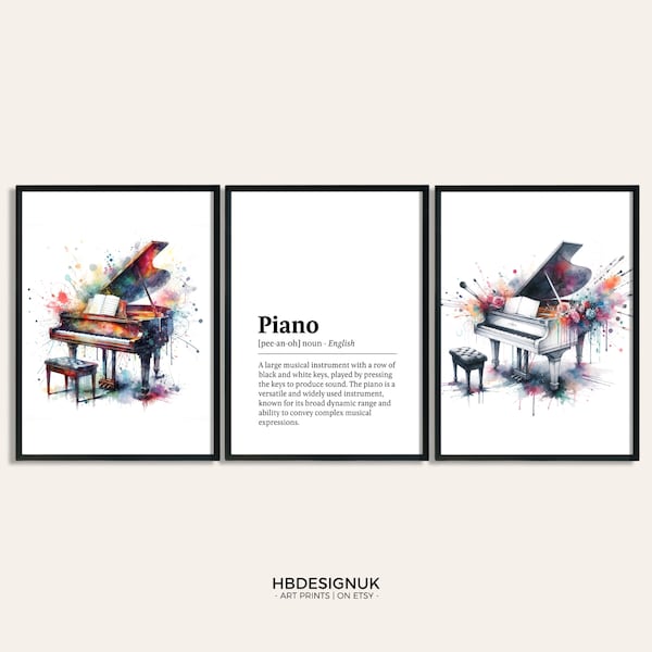 Piano Watercolour Art Print - Set of 3 Music Artwork | Watercolor Piano Poster | Wall Art for Musician | Piano Picture Decor Room Gift