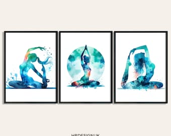 Conjunto de decoración de estudio de yoga: 3 carteles, impresiones de sala de yoga, impresiones artísticas, impresiones de mujer de oficina, regalos de meditación, imágenes, obras de arte, arte de pared