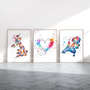Du Royaume-Uni aux Pays-Bas - Poster de carte personnalisé | Art mural cartes | Décoration de chambre personnalisée | Grande-Bretagne Impression | Aquarelle de voyage | Oeuvre d'art de couple