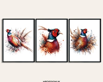 Pheasant Print Poster - Set of 3 Paintings | Pheasant Watercolour Prints | Paintings | Present Gifts for Him | Artwork Decor | Bird Wall Art
