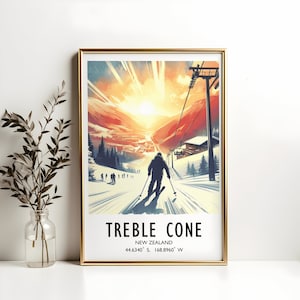 Treble Cone Ski Poster - Aquarell Kunstdruck | Reise Wand Kunstwerk | Skifahrer Geschenke | Neuseeland Dekor | Wintersportort | Skifahrer Geschenk Snowboard
