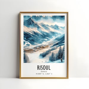 Risoul Ski Poster Print - Watercolour Art Decor  | Travel Wall Artwork | Skiing Gifts | French Alps | Mountain Ski Resort | Gift Snowboard