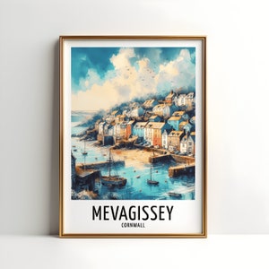 Mevagissey Travel Print - Conception d&#39;affiche aquarelle | Oeuvre d&#39;art murale | Cadeaux Cornouailles Angleterre Royaume-Uni | Décoration d&#39;intérieur | Cadeau d&#39;art mural | Photo du Royaume-Uni