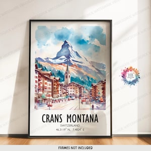 Crans Montana Skiing Poster Druck - Aquarell Ski Alpine Kunst | Reise Wand Kunstwerk | Skifahrer Geschenke | Schweiz Dekor | Snowboard Geschenk