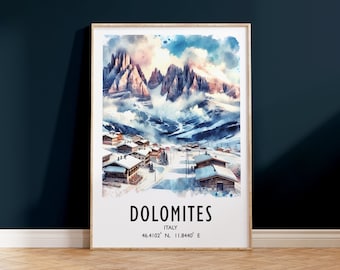 Dolomites Ski Poster Print - Watercolour Alpine Art  | Travel Wall Artwork | Skiing Gifts | Italy Alps Decor | Resort | Snowboarding Gift