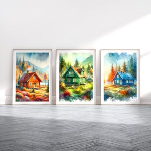 Scandinavian Cabin Print Set - 3 Watercolour Posters | Scandi Wall Art | Scandanavian Design | Forest Cabin Painting | Nordic House Decor