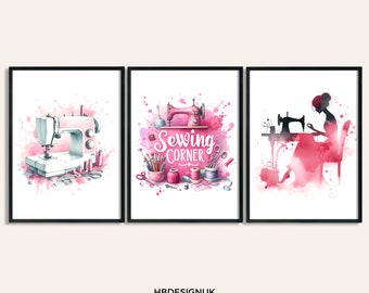 Sewing Poster Print - Set of 3 Prints | Watercolour Print | Sewing Picture | Wall Art | Craft Room Decor | Gift Sew Lover | Birthday Gift