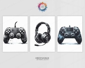 Impresiones de carteles de juegos negros - Conjunto de 3 impresiones de jugadores / Decoración del dormitorio de Game Boys / Carteles de regalo / Decoración de salas de juegos / Impresión de arte de pared de videojuegos