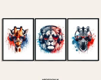 Impresiones de carteles de juegos de animales - Conjunto de 3 impresiones de jugadores / Decoración de dormitorios para adolescentes / Videojuegos / Decoración de salas de juegos / Impresión de arte de pared de jugadores / Azul rojo